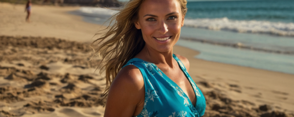 femme blonde bronzée en bord de mer